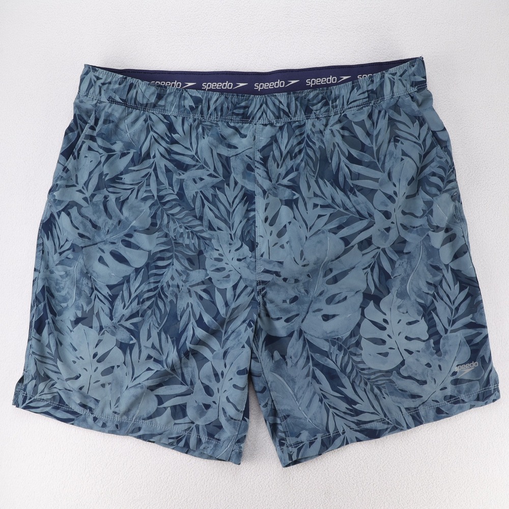 Speedo Men's Tropical Leaf Print Lined Swim Trunks Shorts Blue Size XL